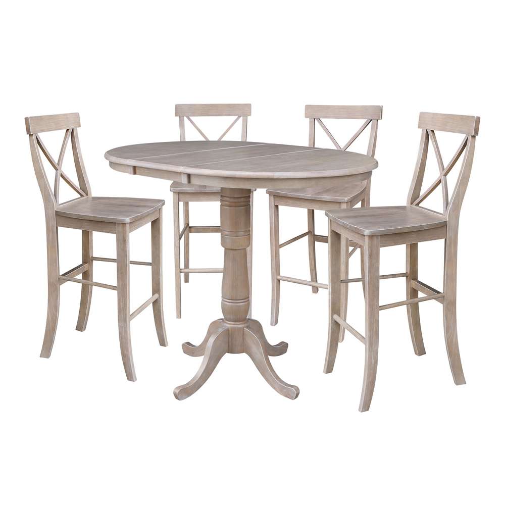 International Concepts - (Set of 5 Pcs) 36in Round Extension Dining Table with 4 RTA Bar Height Stools in Washed Gray Taupe Finish - K09-36RXT-S6133-4 veiw 1
