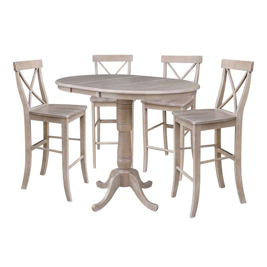 International Concepts - (Set of 5 Pcs) 36in Round Extension Dining Table with 4 RTA Bar Height Stools in Washed Gray Taupe Finish - K09-36RXT-S6133-4 veiw 1