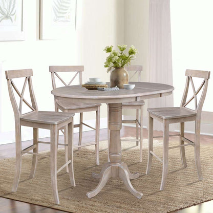 International Concepts - (Set of 5 Pcs) 36in Round Extension Dining Table with 4 RTA Bar Height Stools in Washed Gray Taupe Finish - K09-36RXT-S6133-4 veiw 2