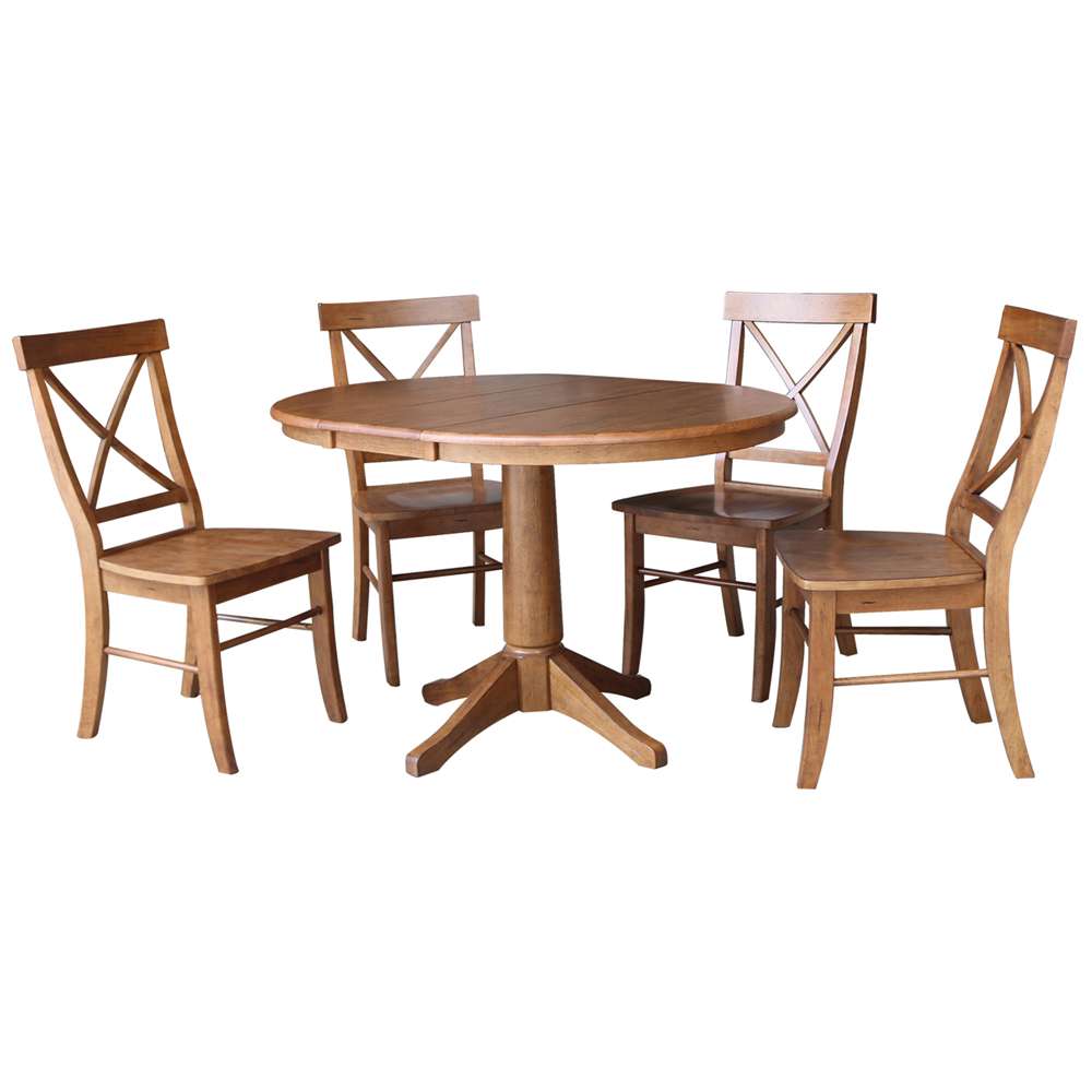 International Concepts - (Set of 5 Pcs) 36in Round Extension Dining Table with 4 RTA Chairs in Distressed Oak Finish - K42-36RXT-27B-C613-4 veiw 1
