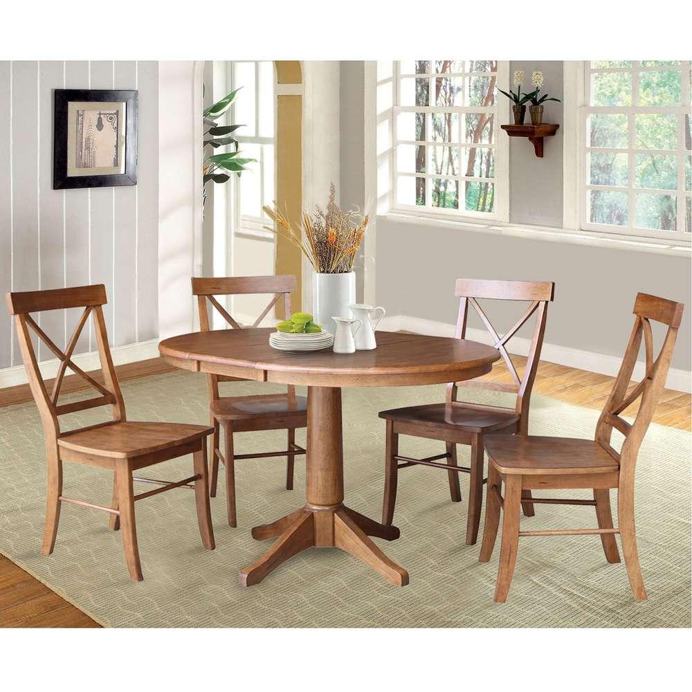International Concepts - (Set of 5 Pcs) 36in Round Extension Dining Table with 4 RTA Chairs in Distressed Oak Finish - K42-36RXT-27B-C613-4 veiw 2