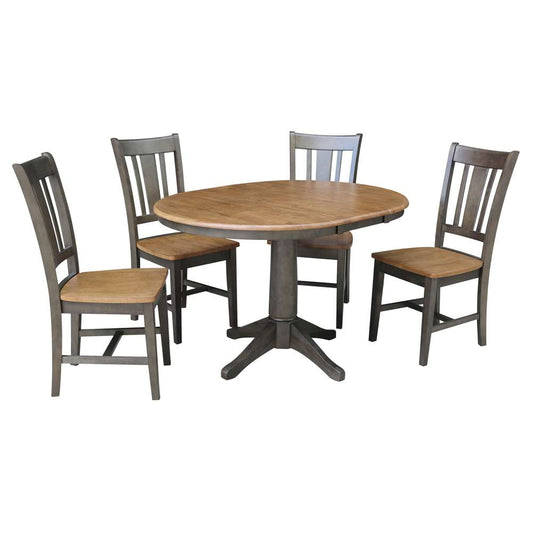 International Concepts - (Set of 5 Pcs) 36in Round Extension Dining Table with 4 RTA Chairs in Hickory/Washed Coal Finish - K45-36RXT-27B-C10-4 veiw 1
