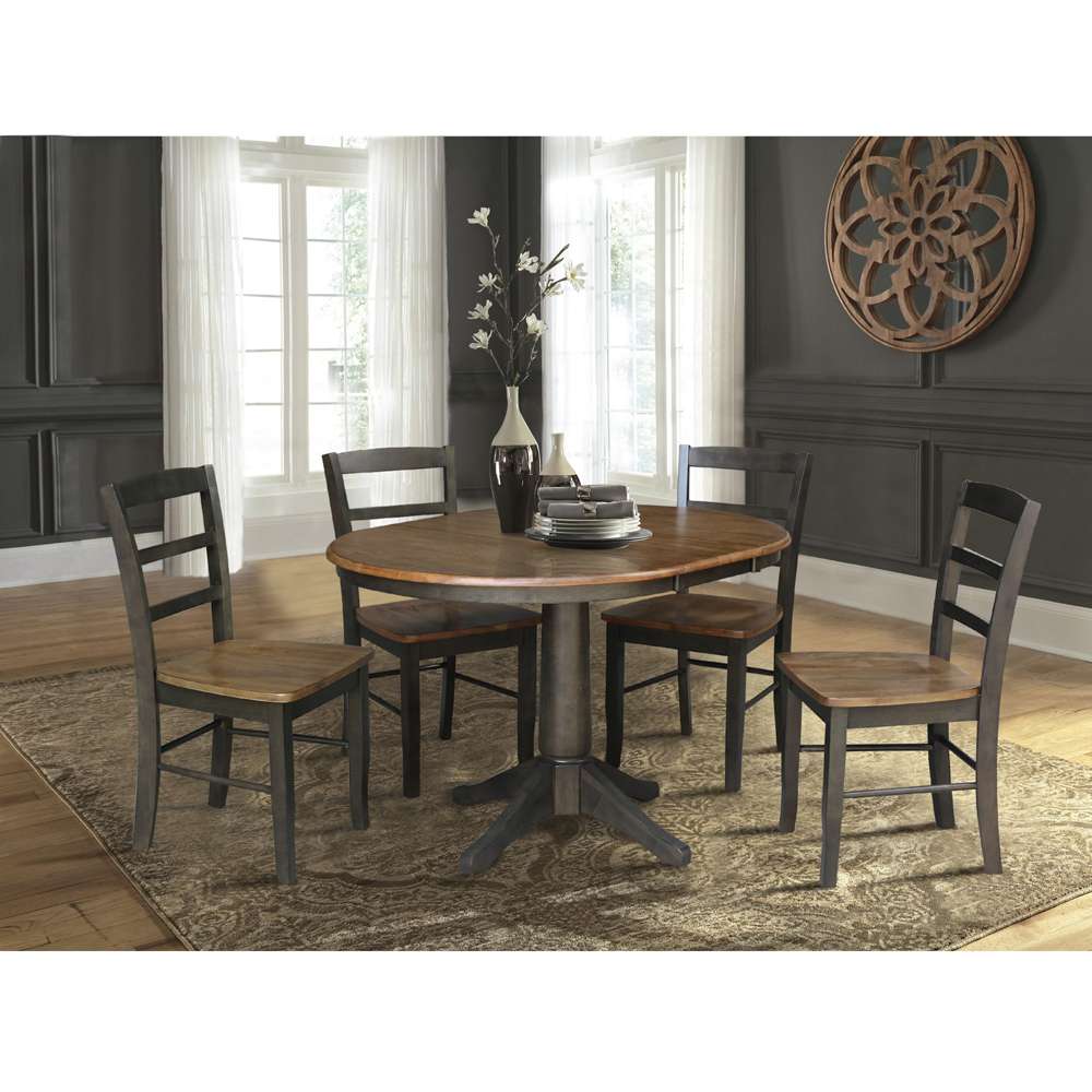 International Concepts - (Set of 5 Pcs) 36in Round Extension Dining Table with 4 RTA Chairs in Hickory/Washed Coal Finish - K45-36RXT-27B-C2-4 veiw 3