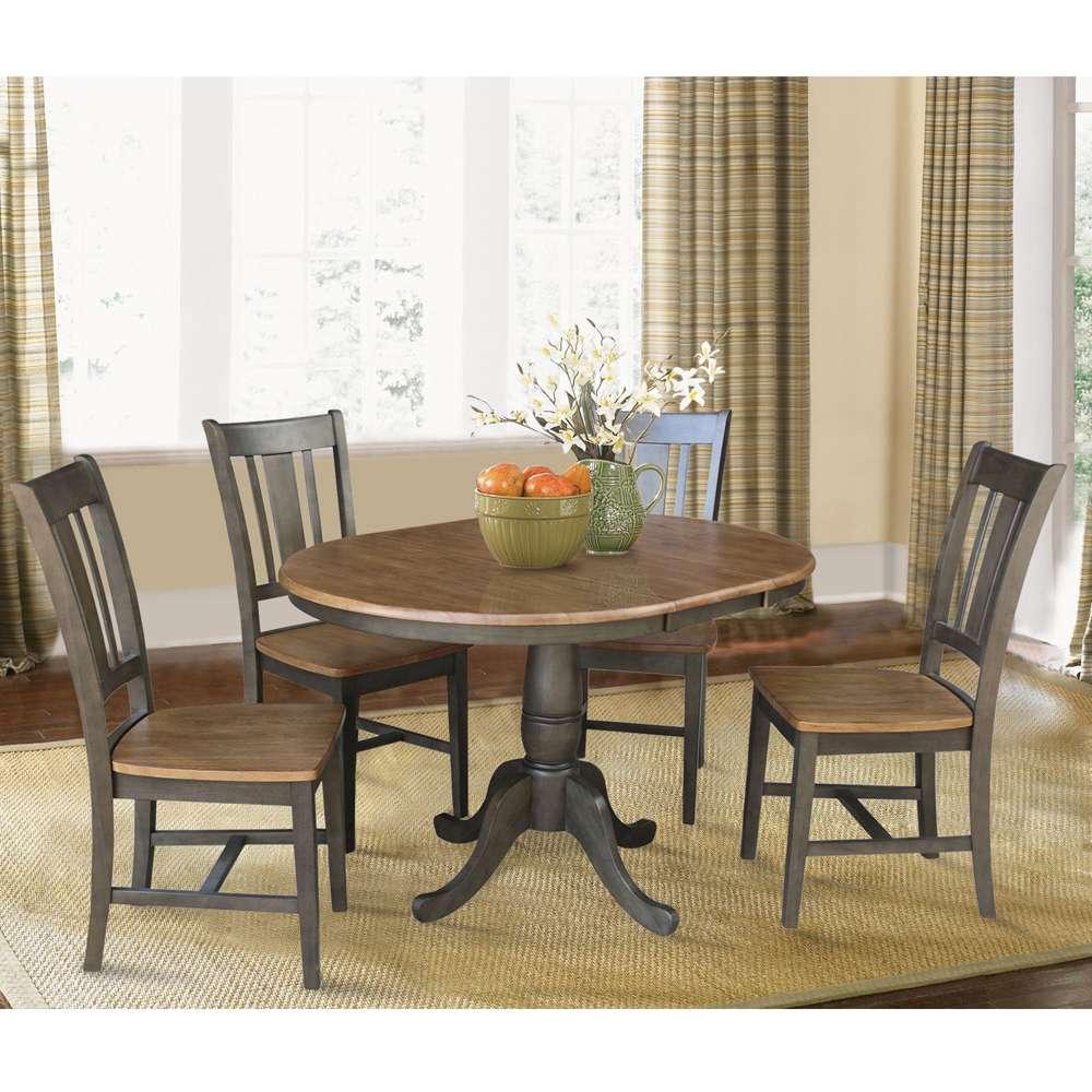 International Concepts - (Set of 5 Pcs) 36in Round Extension Dining Table with 4 RTA Chairs in Hickory/Washed Coal Finish - K45-36RXT-C10-4 veiw 3