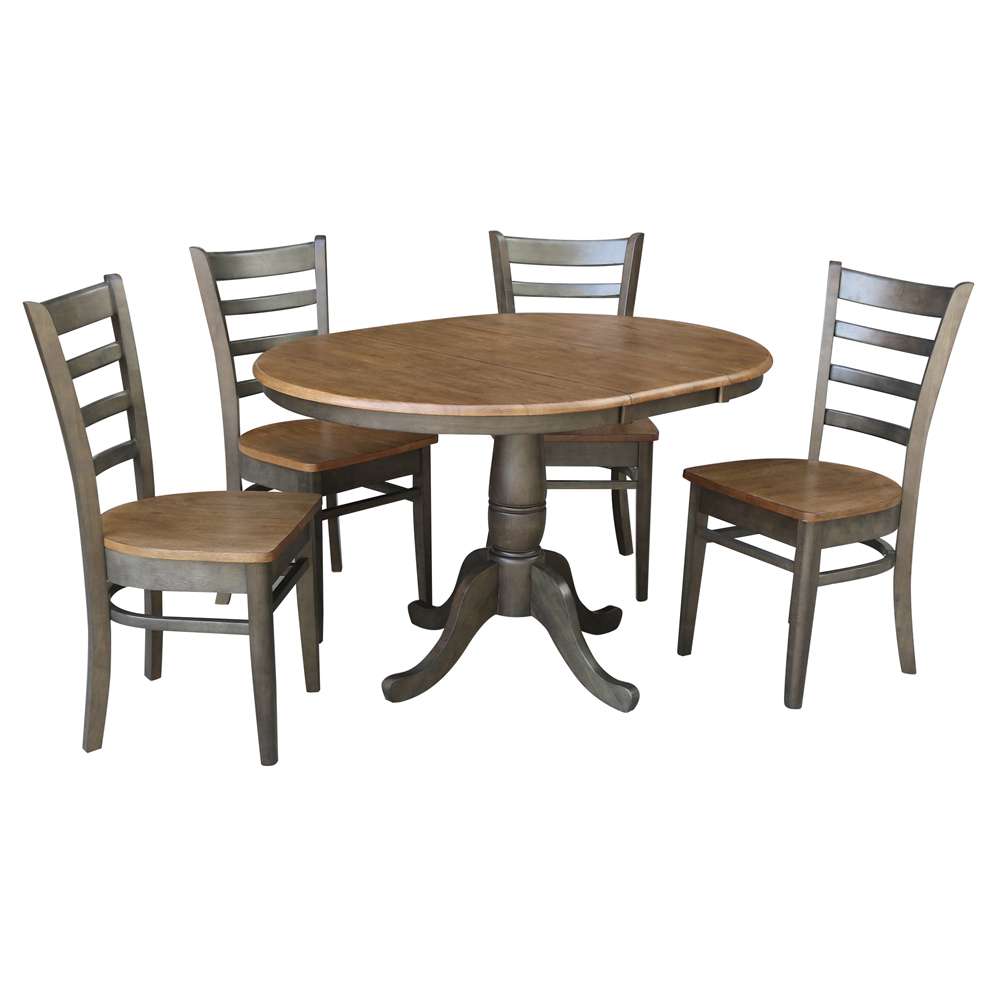 International Concepts - (Set of 5 Pcs) 36in Round Extension Dining Table with 4 RTA Chairs in Hickory/Washed Coal Finish - K45-36RXT-C617-4 veiw 1