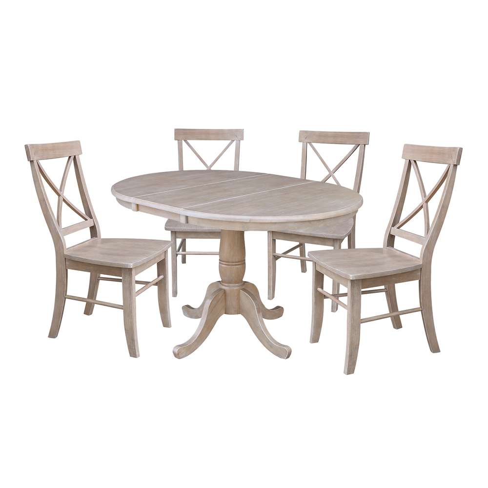 International Concepts - (Set of 5 Pcs) 36in Round Extension Dining Table with 4 RTA Chairs in Washed Gray Taupe Finish - K09-36RXT-C613-4 veiw 1
