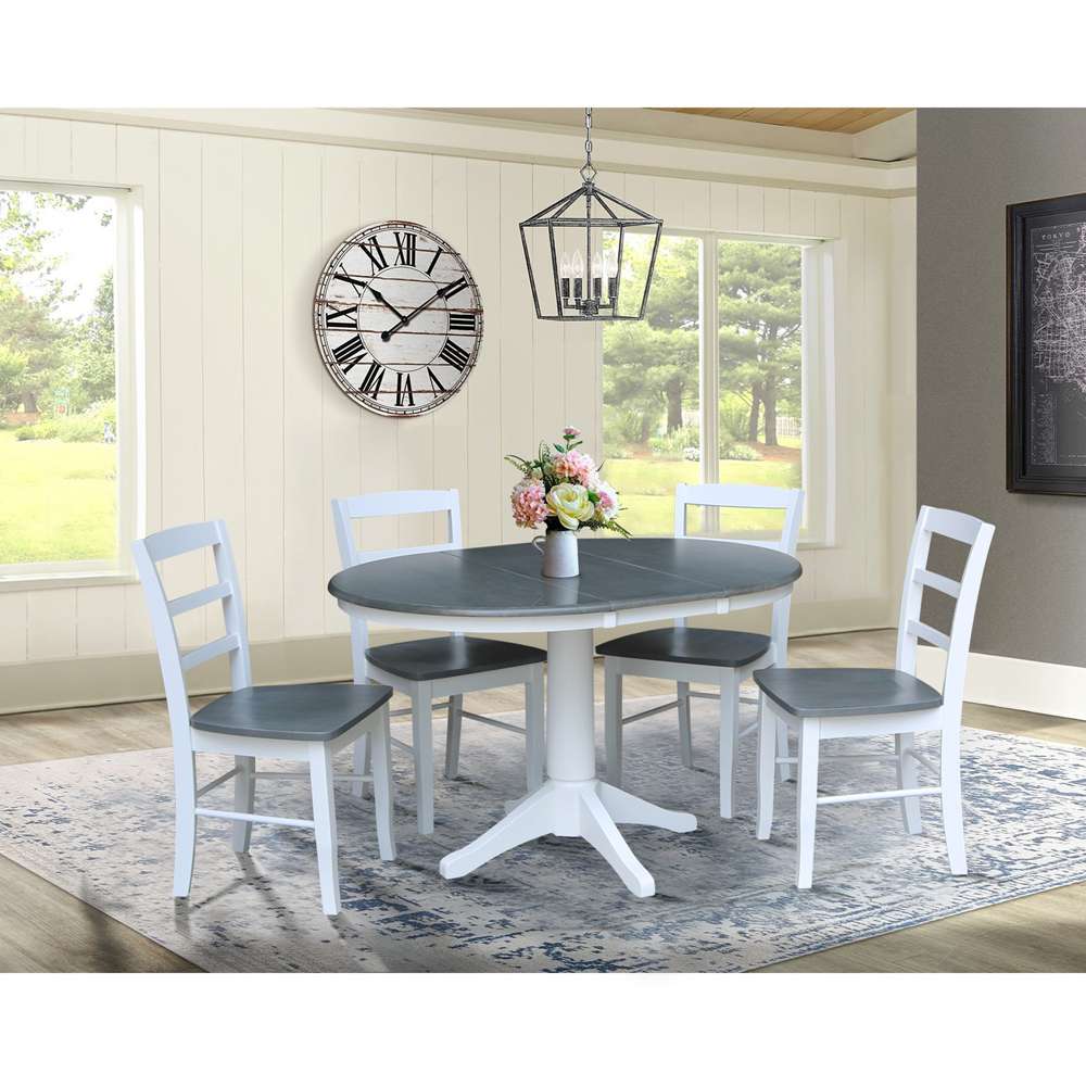 International Concepts - (Set of 5 Pcs) 36in Round Extension Dining Table with 4 RTA Chairs in White/Heather Gray Finish - K05-36RXT-27B-C2-4 veiw 3