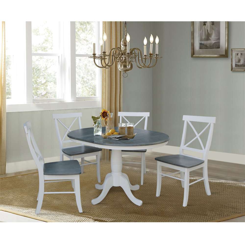 International Concepts - (Set of 5 Pcs) 36in Round Extension Dining Table with 4 RTA Chairs in White/Heather Gray Finish - K05-36RXT-C613-4 veiw 3