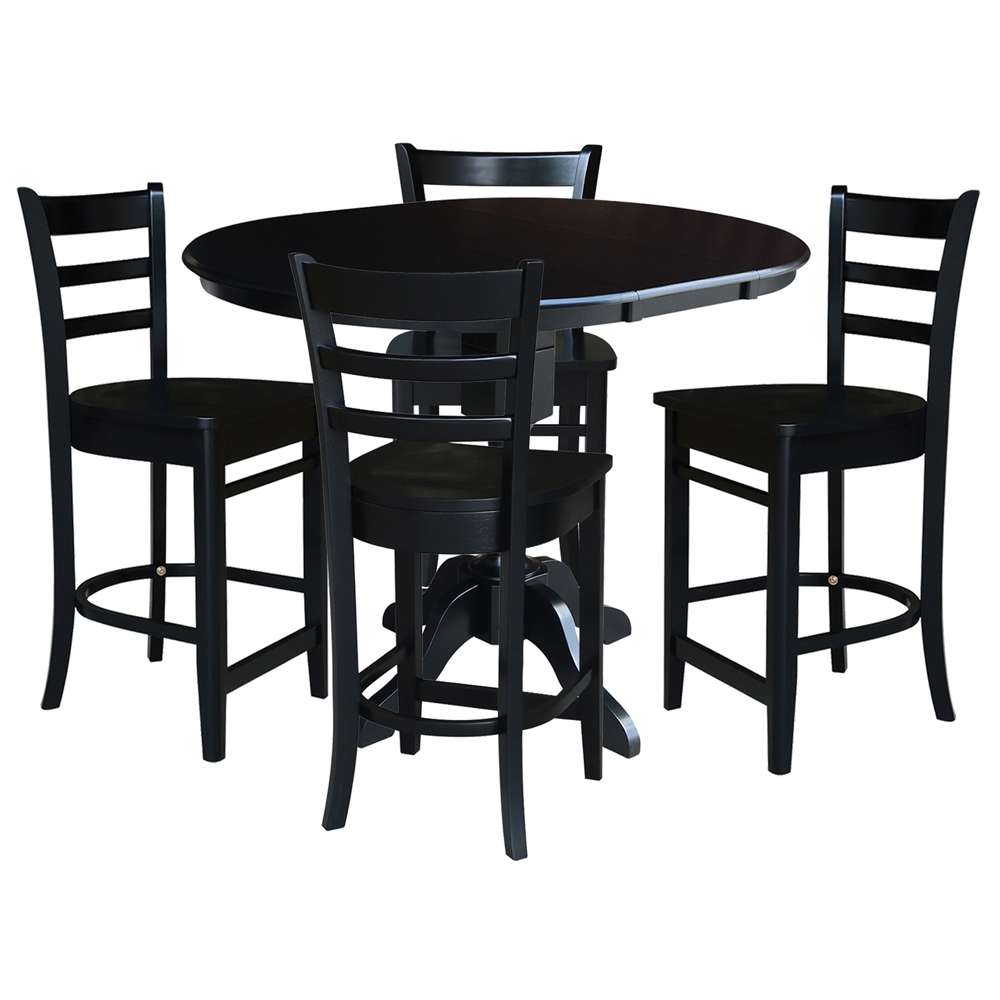 International Concepts - (Set of 5 Pcs) 36in Round Extension Dining Table with 4 Counter Height Stools in Black Finish - K46-36RXT-11-S6172-4 veiw 1