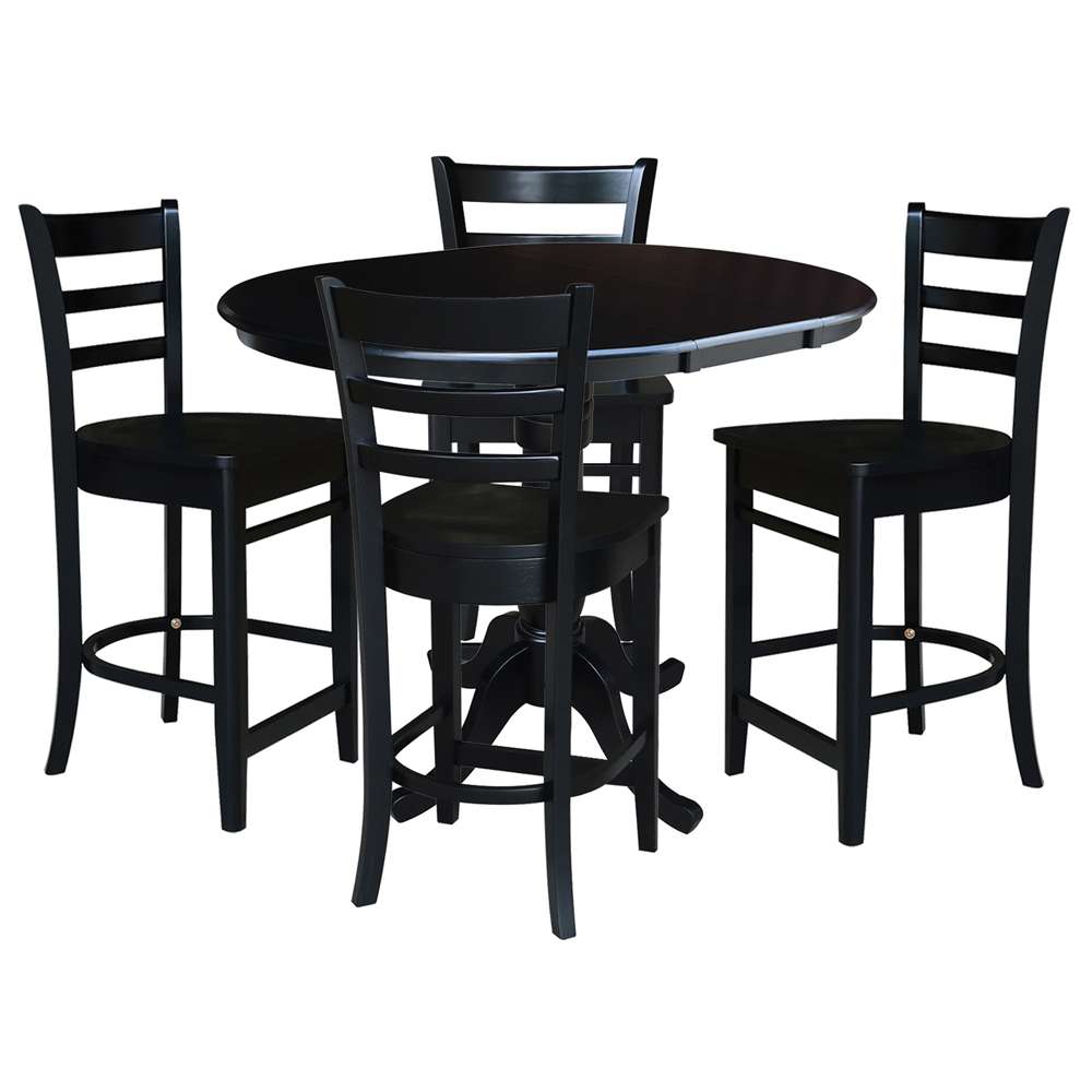 International Concepts - (Set of 5 Pcs) 36in Round Extension Dining Table with 4 Counter Height Stools in Black Finish - K46-36RXT-S6172-4 veiw 1