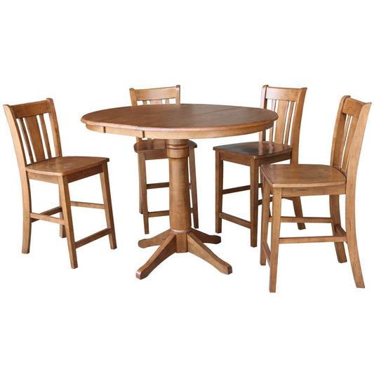 International Concepts - (Set of 5 Pcs) 36in Round Extension Dining Table with 4 San Remo Counter Height Stools in Distressed Oak Finish - K42-36RXT-27B-S102-4 veiw 1