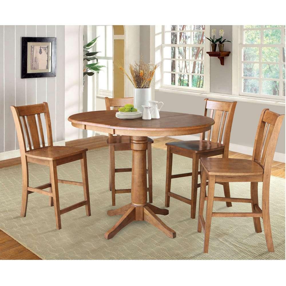 International Concepts - (Set of 5 Pcs) 36in Round Extension Dining Table with 4 San Remo Counter Height Stools in Distressed Oak Finish - K42-36RXT-27B-S102-4 veiw 2