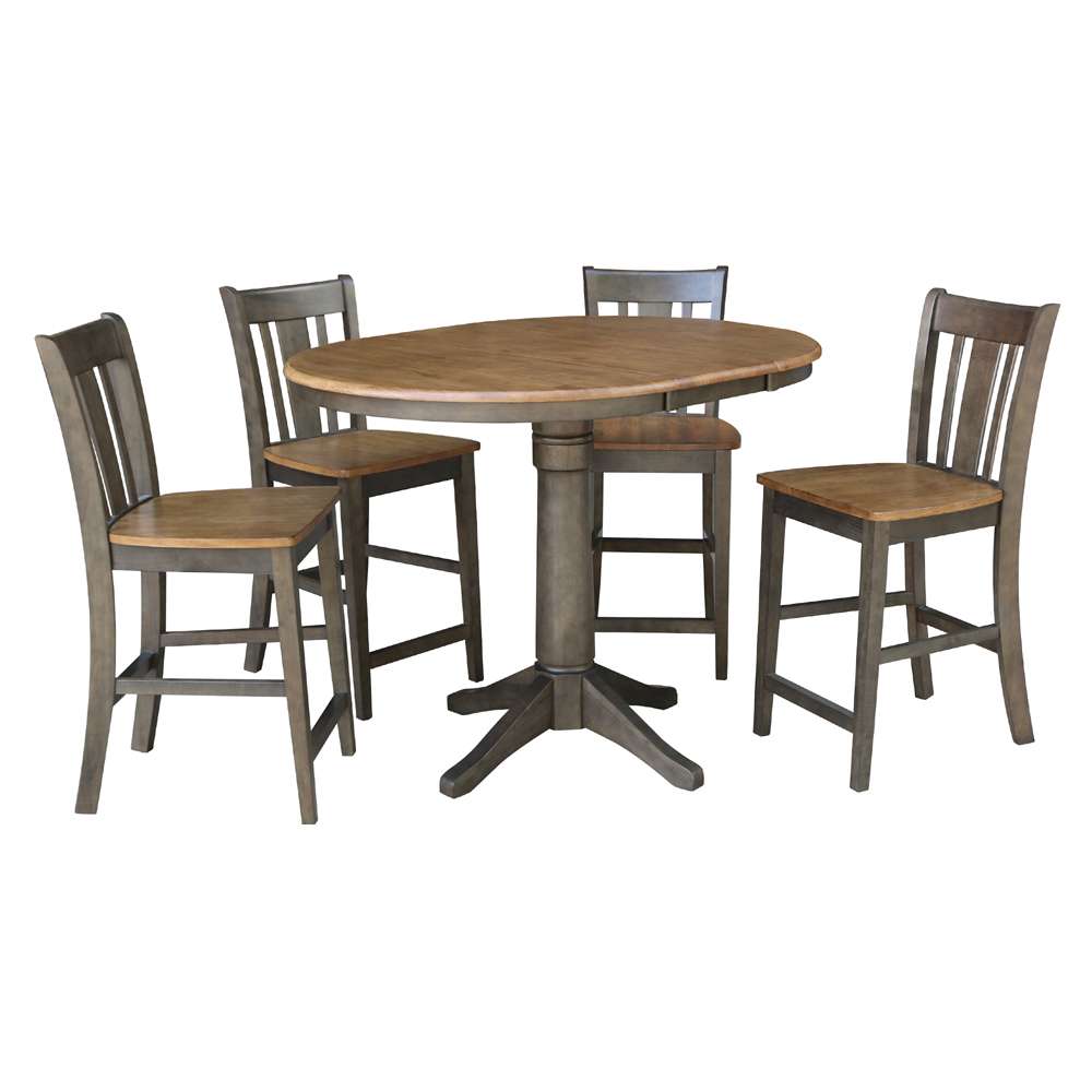 International Concepts - (Set of 5 Pcs) 36in Round Extension Dining Table with 4 San Remo Counter Height Stools in Hickory/Washed Coal Finish - K45-36RXT-27B-S102-4 veiw 1