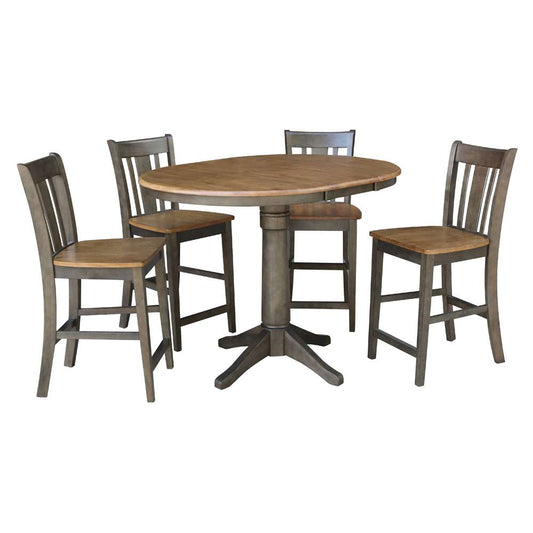 International Concepts - (Set of 5 Pcs) 36in Round Extension Dining Table with 4 San Remo Counter Height Stools in Hickory/Washed Coal Finish - K45-36RXT-27B-S102-4 veiw 1