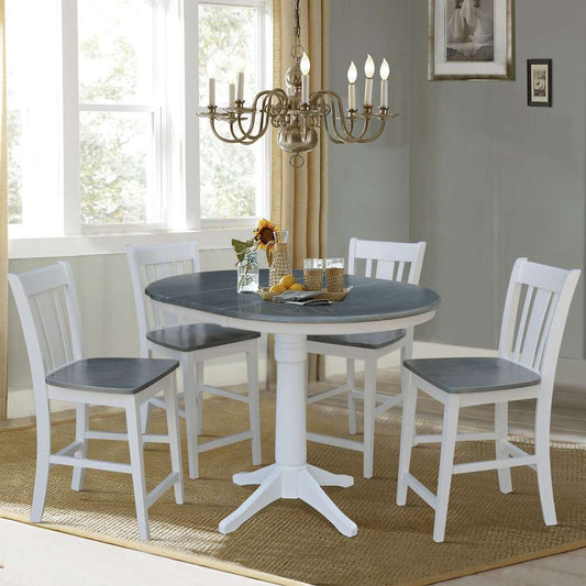 International Concepts - (Set of 5 Pcs) 36in Round Extension Dining Table with 4 San Remo Counter Height Stools in White/Heather Gray Finish - K05-36RXT-27B-S102-4 veiw 1