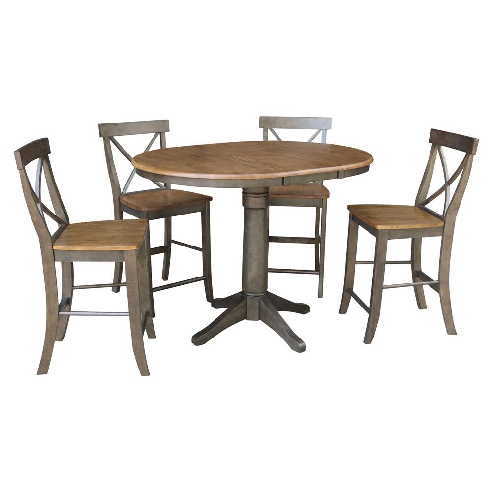 International Concepts - (Set of 5 Pcs) 36in Round Extension Dining Table with 4 X-Back Counter Height Stools in Hickory/Washed Coal Finish - K45-36RXT-27-S6132-4 veiw 1