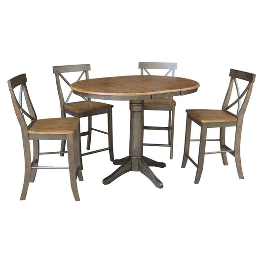 International Concepts - (Set of 5 Pcs) 36in Round Extension Dining Table with 4 X-Back Counter Height Stools in Hickory/Washed Coal Finish - K45-36RXT-27-S6132-4 veiw 1
