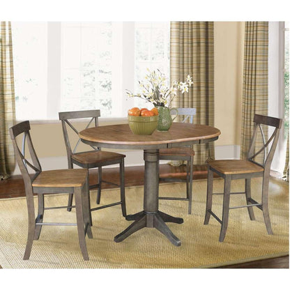 International Concepts - (Set of 5 Pcs) 36in Round Extension Dining Table with 4 X-Back Counter Height Stools in Hickory/Washed Coal Finish - K45-36RXT-27-S6132-4 veiw 2