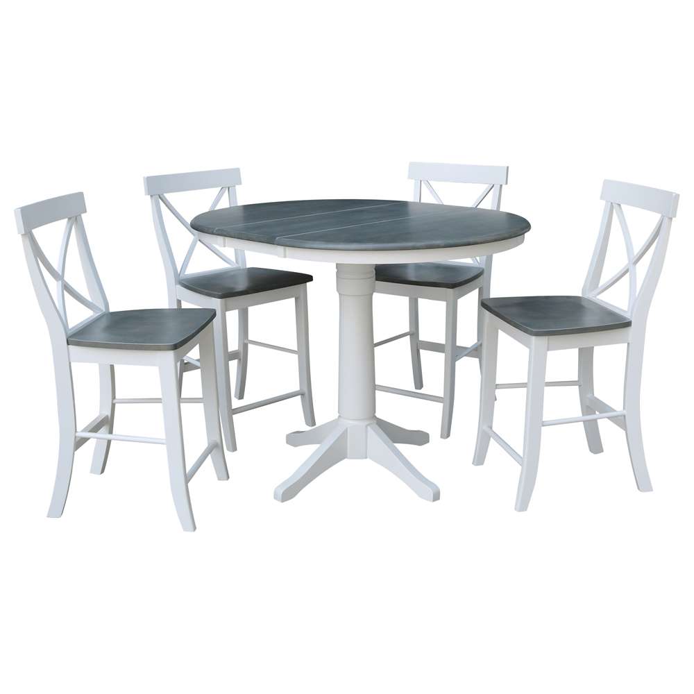 International Concepts - (Set of 5 Pcs) 36in Round Extension Dining Table with 4 X-Back Counter Height Stools in White/Heather Gray Finish - K05-36RXT-27B-S6132-4 veiw 1