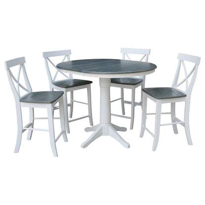 International Concepts - (Set of 5 Pcs) 36in Round Extension Dining Table with 4 X-Back Counter Height Stools in White/Heather Gray Finish - K05-36RXT-27B-S6132-4 veiw 1