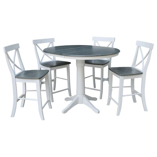 International Concepts - (Set of 5 Pcs) 36in Round Extension Dining Table with 4 X-Back Counter Height Stools in White/Heather Gray Finish - K05-36RXT-27B-S6132-4 veiw 1