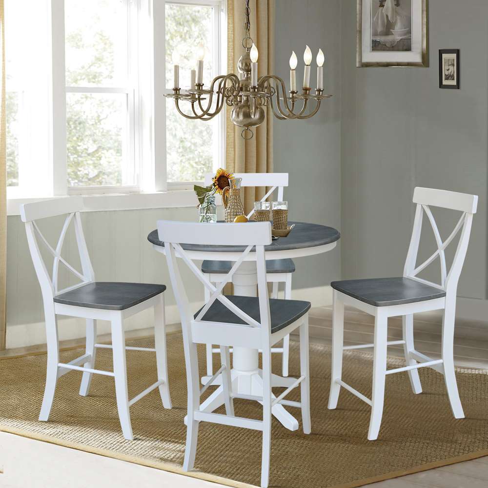 International Concepts - (Set of 5 Pcs) 36in Round Extension Dining Table with 4 X-Back Counter Height Stools in White/Heather Gray Finish - K05-36RXT-27B-S6132-4 veiw 2