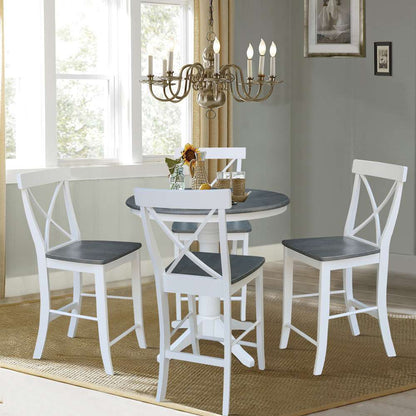 International Concepts - (Set of 5 Pcs) 36in Round Extension Dining Table with 4 X-Back Counter Height Stools in White/Heather Gray Finish - K05-36RXT-27B-S6132-4 veiw 2