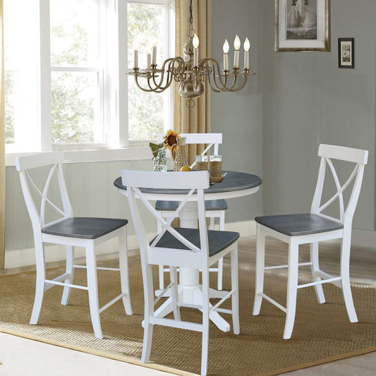 International Concepts - (Set of 5 Pcs) 36in Round Extension Dining Table with 4 X-Back Counter Height Stools in White/Heather Gray Finish - K05-36RXT-27B-S6132-4 veiw 2