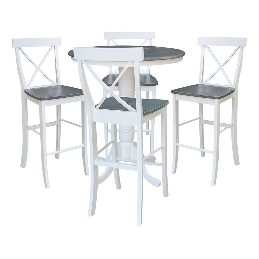 International Concepts - (Set of 5 Pcs) 36in Round Extension Dining Table with 4 RTA Bar Height Stools in White/Heather Gray Finish - K05-36RXT-6B-S6133-4 veiw 1