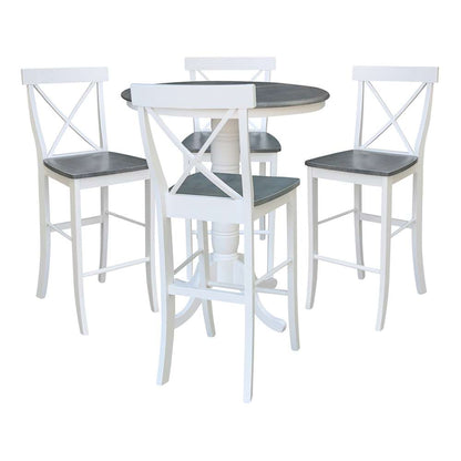 International Concepts - (Set of 5 Pcs) 36in Round Extension Dining Table with 4 RTA Bar Height Stools in White/Heather Gray Finish - K05-36RXT-6B-S6133-4 veiw 1