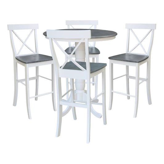 International Concepts - (Set of 5 Pcs) 36in Round Extension Dining Table with 4 RTA Bar Height Stools in White/Heather Gray Finish - K05-36RXT-6B-S6133-4 veiw 1