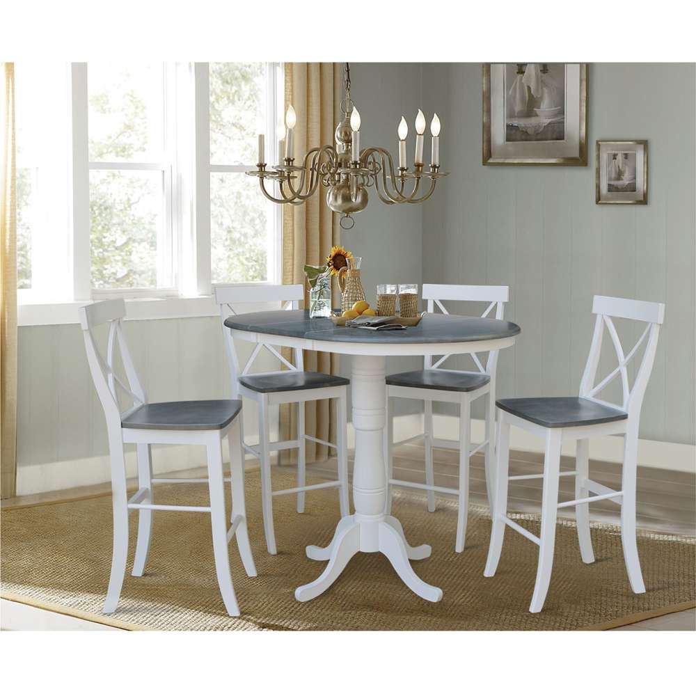 International Concepts - (Set of 5 Pcs) 36in Round Extension Dining Table with 4 RTA Bar Height Stools in White/Heather Gray Finish - K05-36RXT-6B-S6133-4 veiw 2