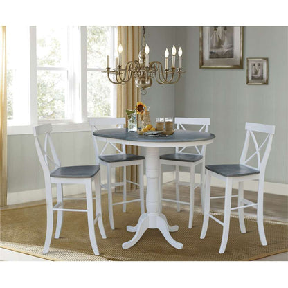 International Concepts - (Set of 5 Pcs) 36in Round Extension Dining Table with 4 RTA Bar Height Stools in White/Heather Gray Finish - K05-36RXT-6B-S6133-4 veiw 2