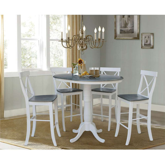 International Concepts - (Set of 5 Pcs) 36in Round Extension Dining Table with 4 RTA Bar Height Stools in White/Heather Gray Finish - K05-36RXT-6B-S6133-4 veiw 2