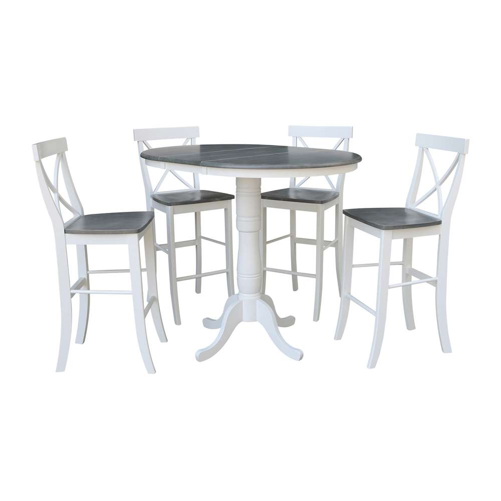 International Concepts - (Set of 5 Pcs) 36in Round Extension Dining Table with 4 RTA Bar Height Stools in White/Heather Gray Finish - K05-36RXT-6B-S6133-4 veiw 5