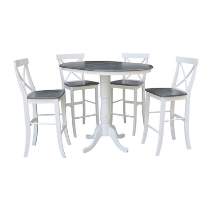 International Concepts - (Set of 5 Pcs) 36in Round Extension Dining Table with 4 RTA Bar Height Stools in White/Heather Gray Finish - K05-36RXT-6B-S6133-4 veiw 5