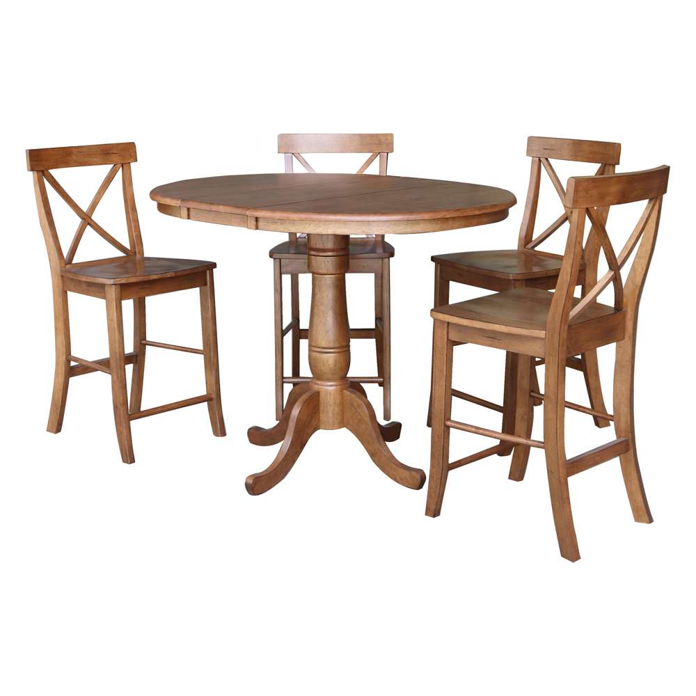 International Concepts - (Set of 5 Pcs) 36in Round Extension Dining Table with 4 RTA Counter Height Stools in Distressed Oak Finish - K42-36RXT-6B-S6132-4 veiw 1