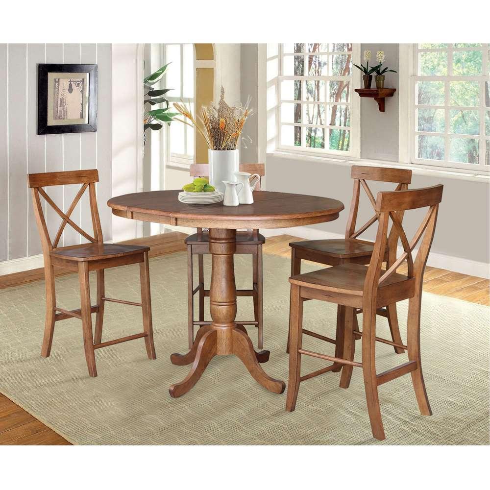 International Concepts - (Set of 5 Pcs) 36in Round Extension Dining Table with 4 RTA Counter Height Stools in Distressed Oak Finish - K42-36RXT-6B-S6132-4 veiw 2