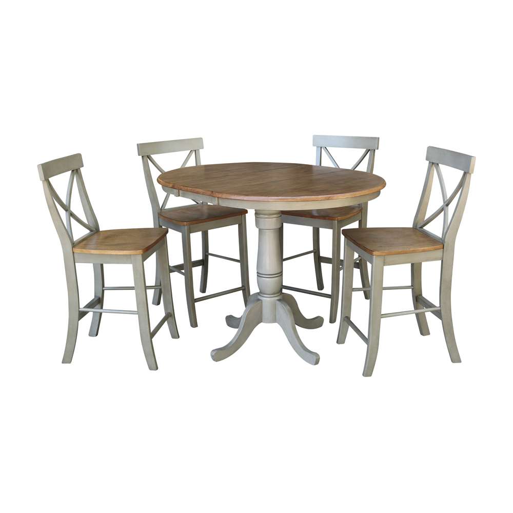 International Concepts - (Set of 5 Pcs) 36in Round Extension Dining Table with 4 RTA Counter Height Stools in Hickory/Stone Finish - K41-36RXT-6B-S6132-4 veiw 1
