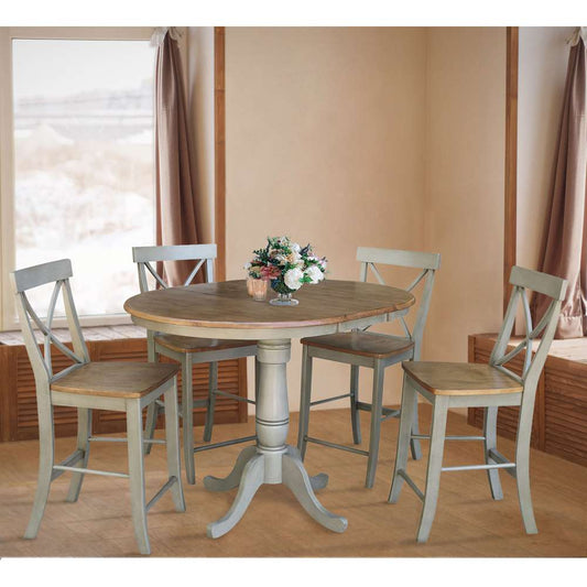 International Concepts - (Set of 5 Pcs) 36in Round Extension Dining Table with 4 RTA Counter Height Stools in Hickory/Stone Finish - K41-36RXT-6B-S6132-4 veiw 2
