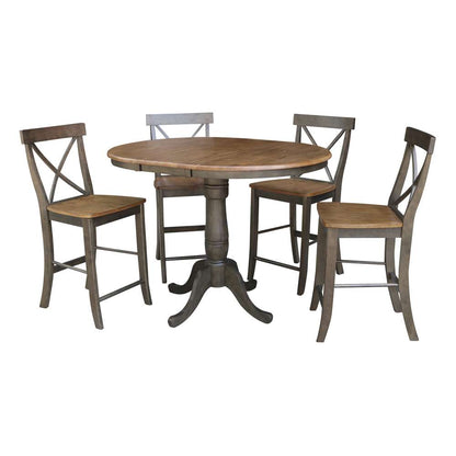 International Concepts - (Set of 5 Pcs) 36in Round Extension Dining Table with 4 RTA Counter Height Stools in Hickory/Washed Coal Finish - K45-36RXT-6B-S6132-4 veiw 1