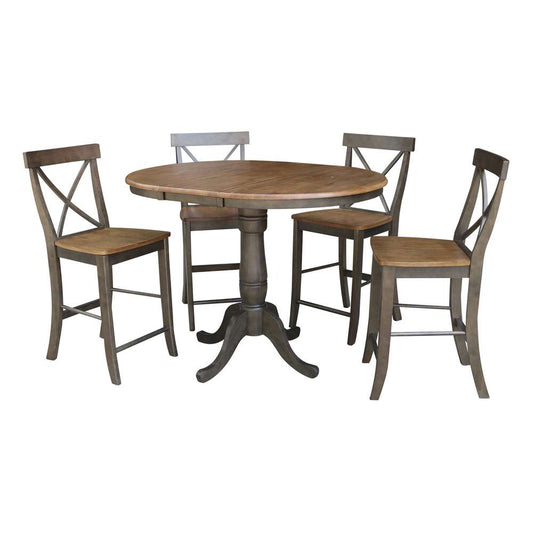 International Concepts - (Set of 5 Pcs) 36in Round Extension Dining Table with 4 RTA Counter Height Stools in Hickory/Washed Coal Finish - K45-36RXT-6B-S6132-4 veiw 1