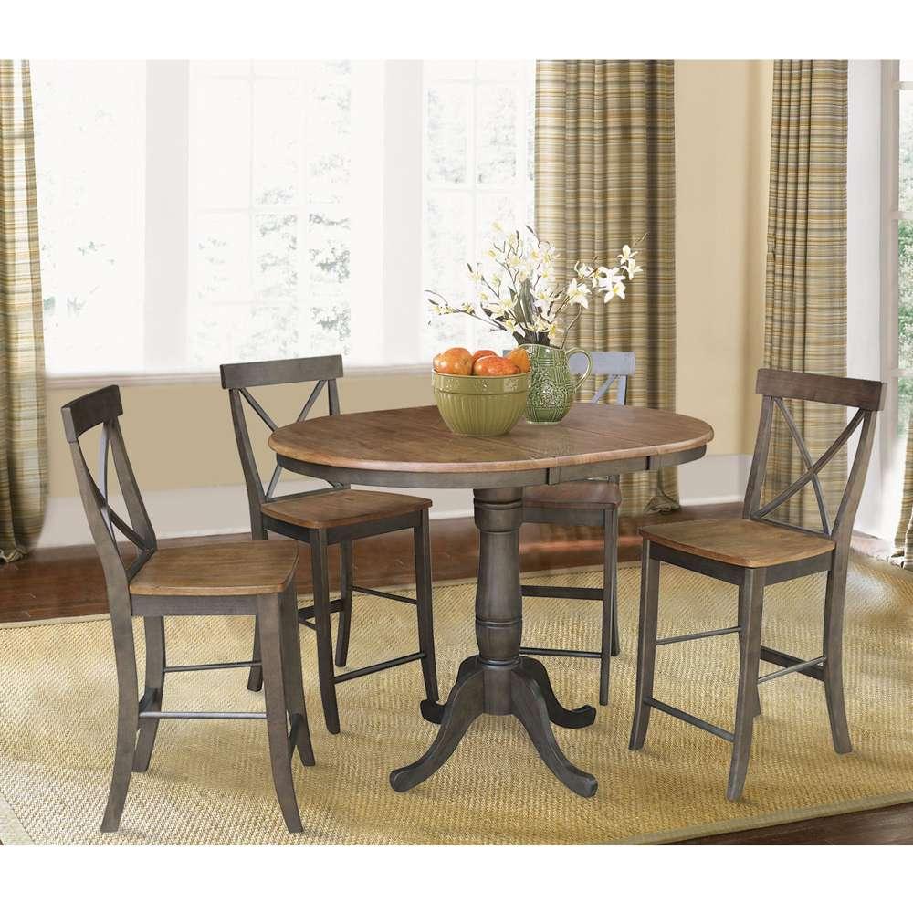 International Concepts - (Set of 5 Pcs) 36in Round Extension Dining Table with 4 RTA Counter Height Stools in Hickory/Washed Coal Finish - K45-36RXT-6B-S6132-4 veiw 2