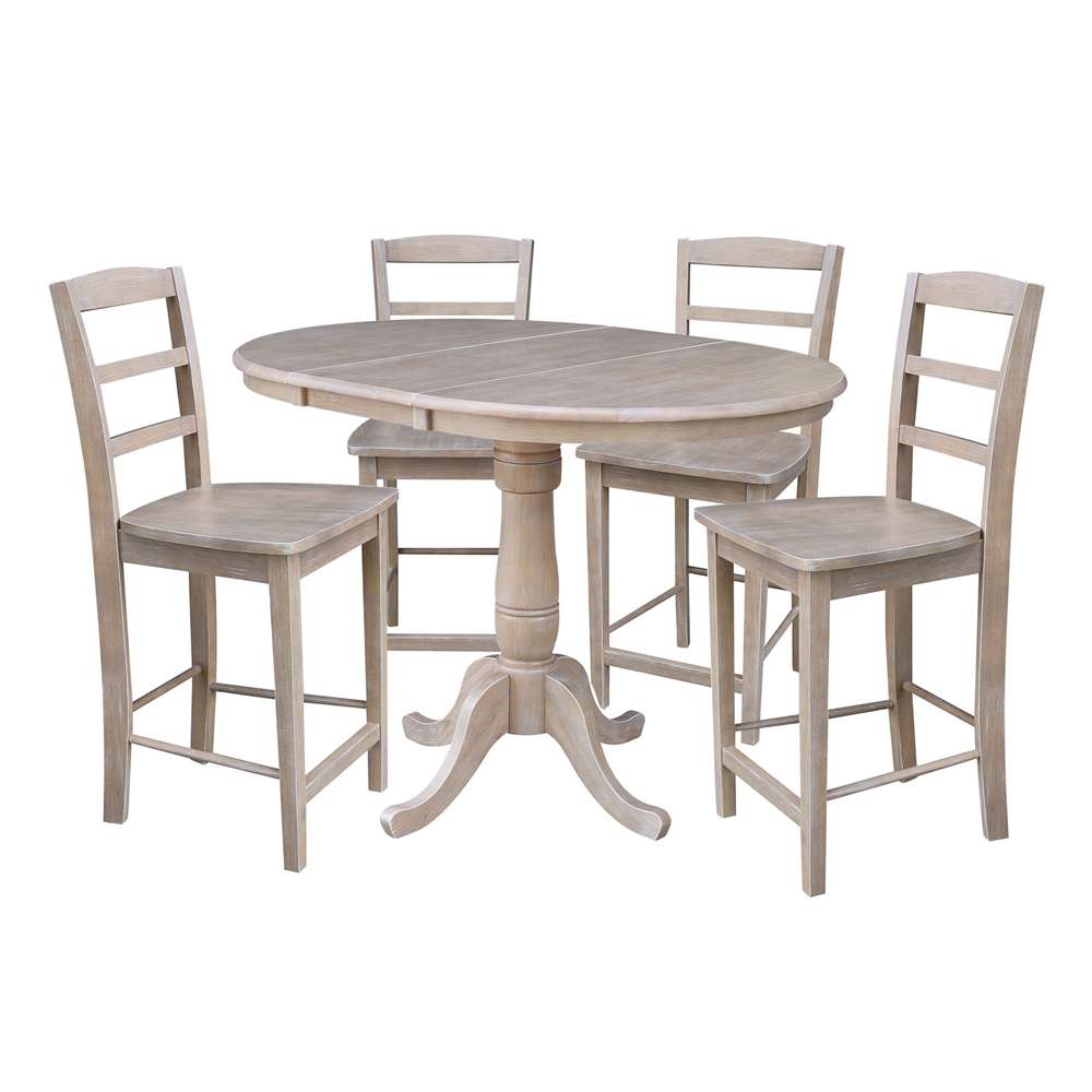 International Concepts - (Set of 5 Pcs) 36in Round Extension Dining Table with 4 RTA Counter Height Stools in Washed Gray Taupe Finish - K09-36RXT-S402-4 veiw 1