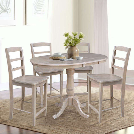 International Concepts - (Set of 5 Pcs) 36in Round Extension Dining Table with 4 RTA Counter Height Stools in Washed Gray Taupe Finish - K09-36RXT-S402-4 veiw 2