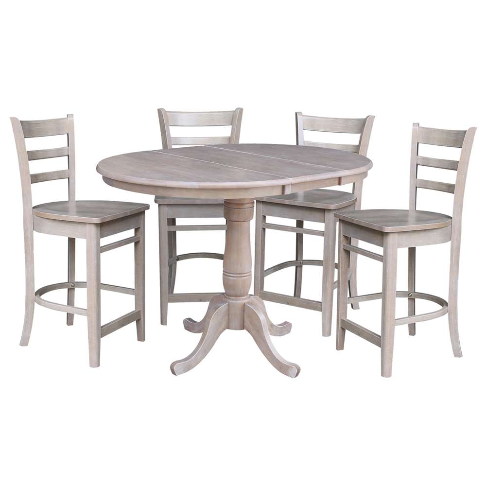 International Concepts - (Set of 5 Pcs) 36in Round Extension Dining Table with 4 RTA Counter Height Stools in Washed Gray Taupe Finish - K09-36RXT-S6172-4 veiw 1