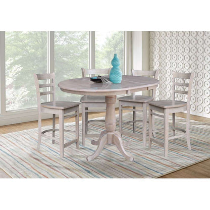 International Concepts - (Set of 5 Pcs) 36in Round Extension Dining Table with 4 RTA Counter Height Stools in Washed Gray Taupe Finish - K09-36RXT-S6172-4 veiw 2