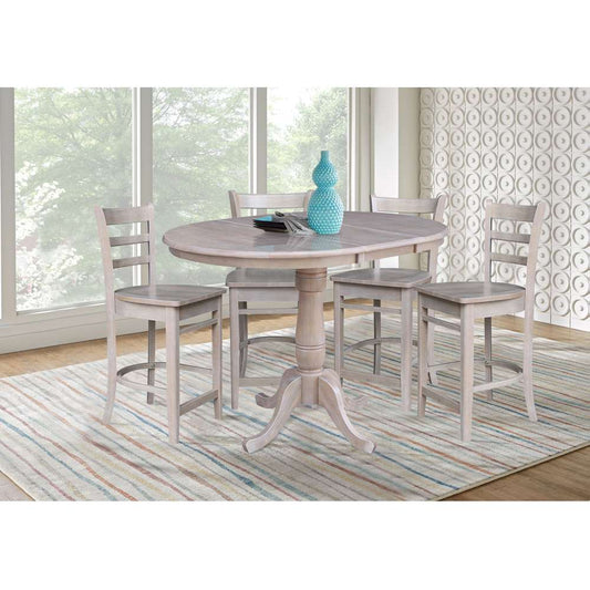 International Concepts - (Set of 5 Pcs) 36in Round Extension Dining Table with 4 RTA Counter Height Stools in Washed Gray Taupe Finish - K09-36RXT-S6172-4 veiw 2