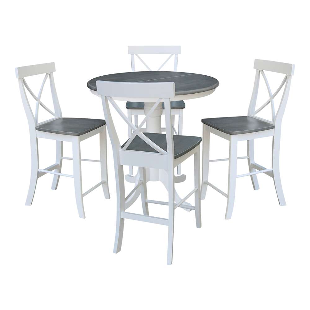 International Concepts - (Set of 5 Pcs) 36in Round Extension Dining Table with 4 RTA Counter Height Stools in White/Heather Gray Finish - K05-36RXT-6B-S6132-4 veiw 1