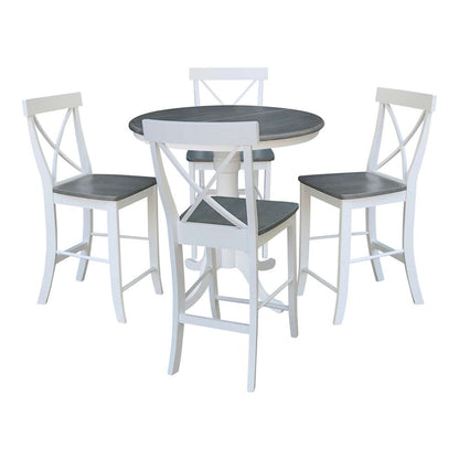 International Concepts - (Set of 5 Pcs) 36in Round Extension Dining Table with 4 RTA Counter Height Stools in White/Heather Gray Finish - K05-36RXT-6B-S6132-4 veiw 1
